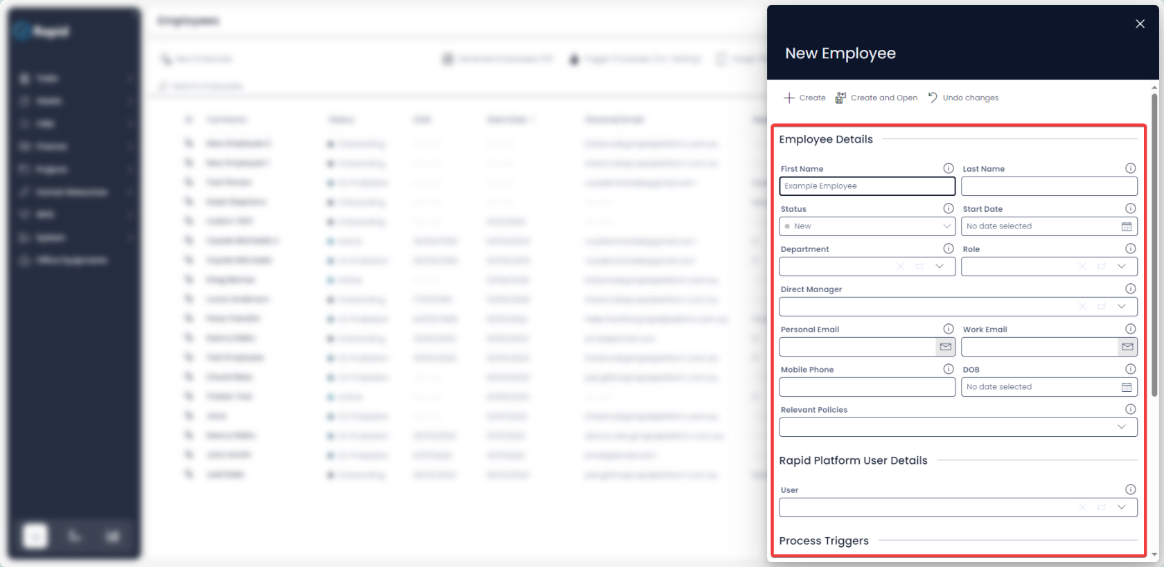 A screenshot that depicts the &quot;New employee creation form&quot;. The screenshot is annotated with a red box to show where the user can enter new data.